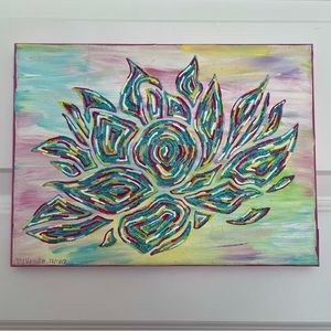 🎉🌈 ORIGINAL LOTUS FLOWER PAINTING 9”x12” Rainbow w Pastel Blended Background